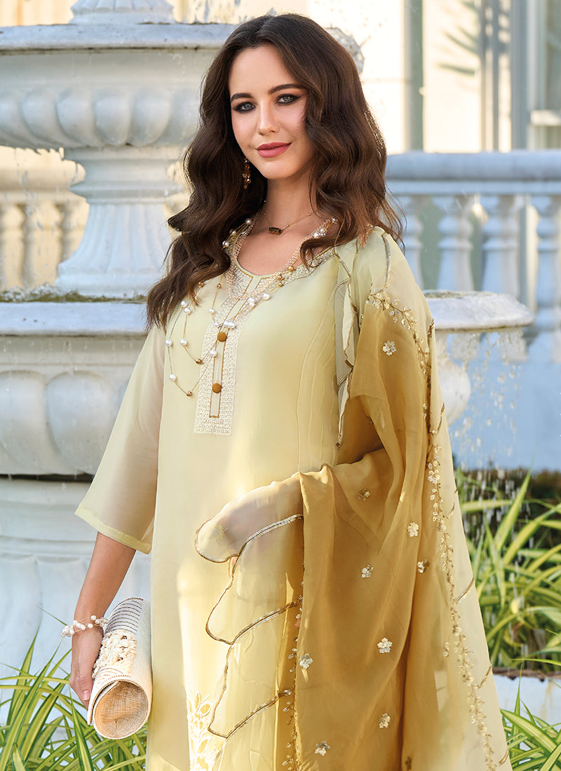 Light Yellow Sequence Embroidery Pakistani Style Pant Suit