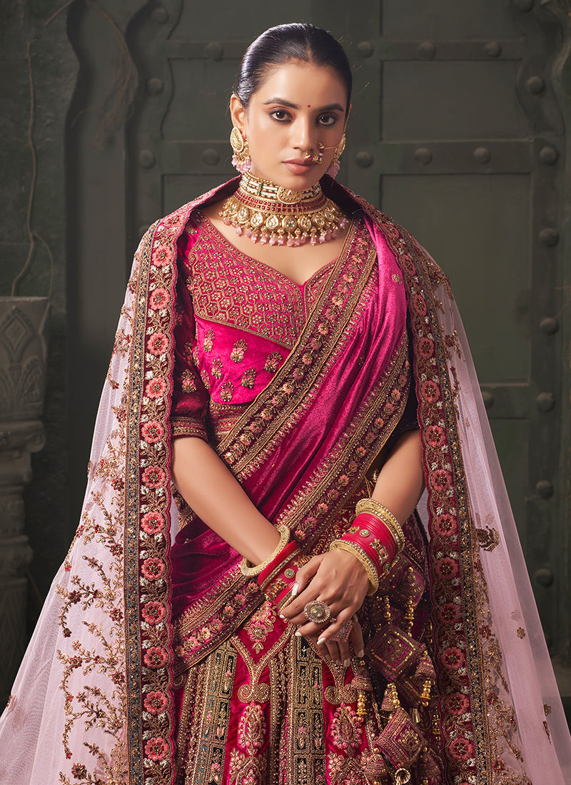 Magenta Pink And Green Embroidered Bridal Lehenga Choli