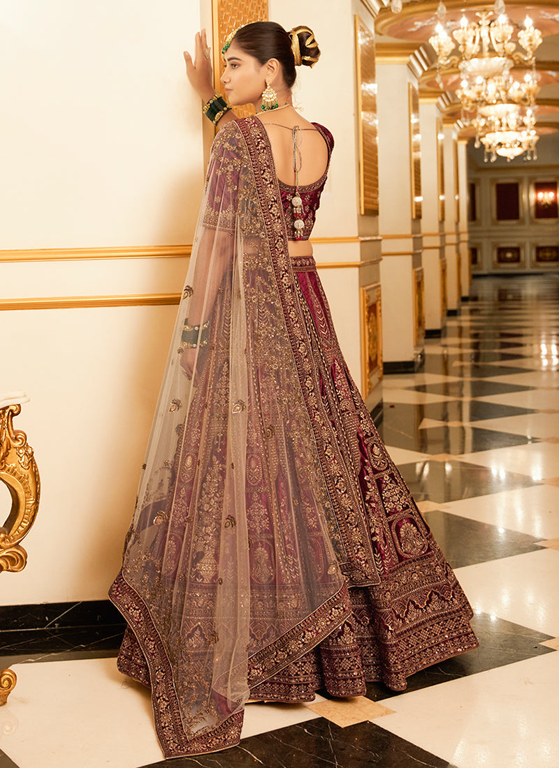 Bridal Maroon Handwork Embroidery Bridal Lehenga Choli