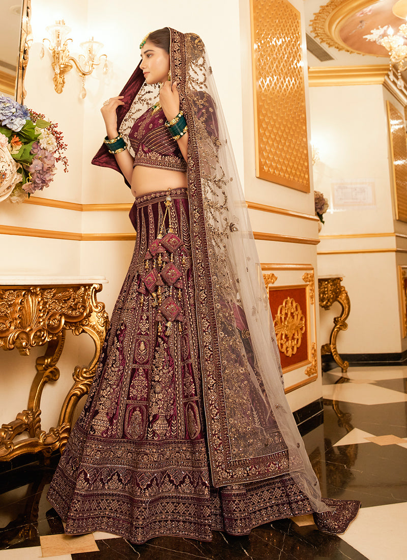 Bridal Maroon Handwork Embroidery Bridal Lehenga Choli