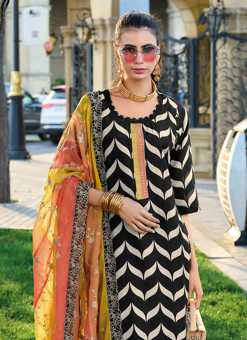 Black Embroidery Printed Traditional Pakistani Style Pant Suit