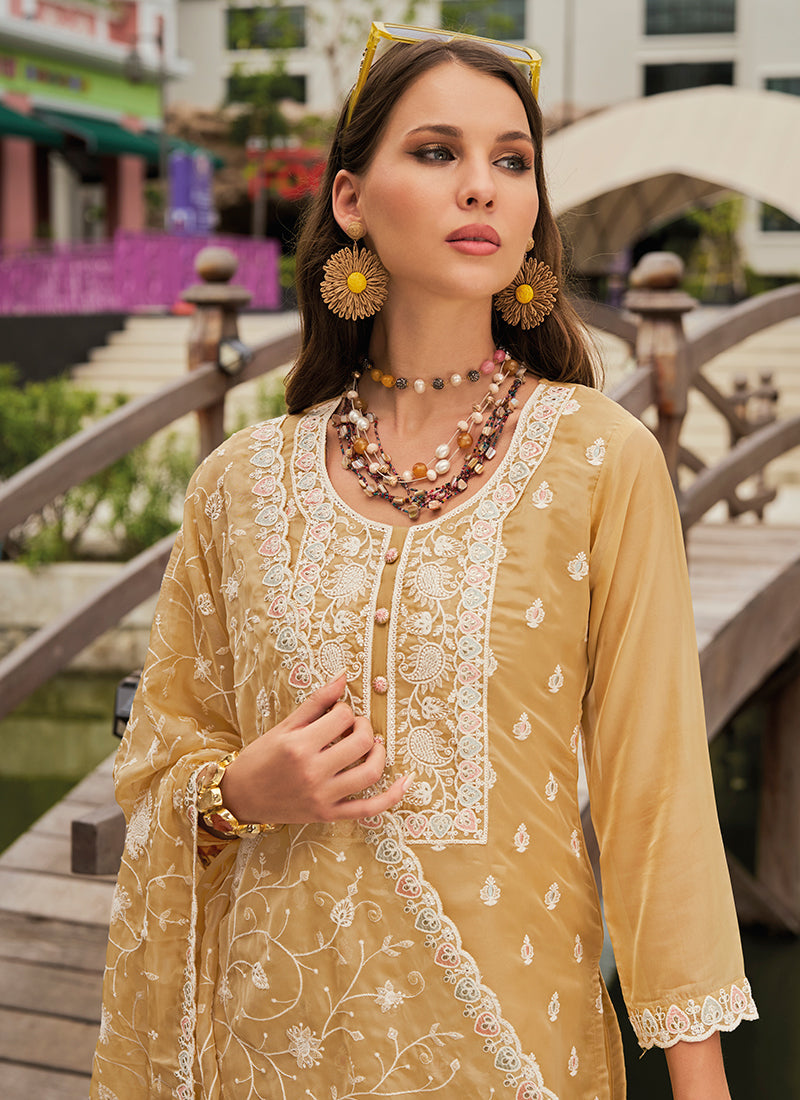 Yellow Traditional Embroidery Pant Style Suit