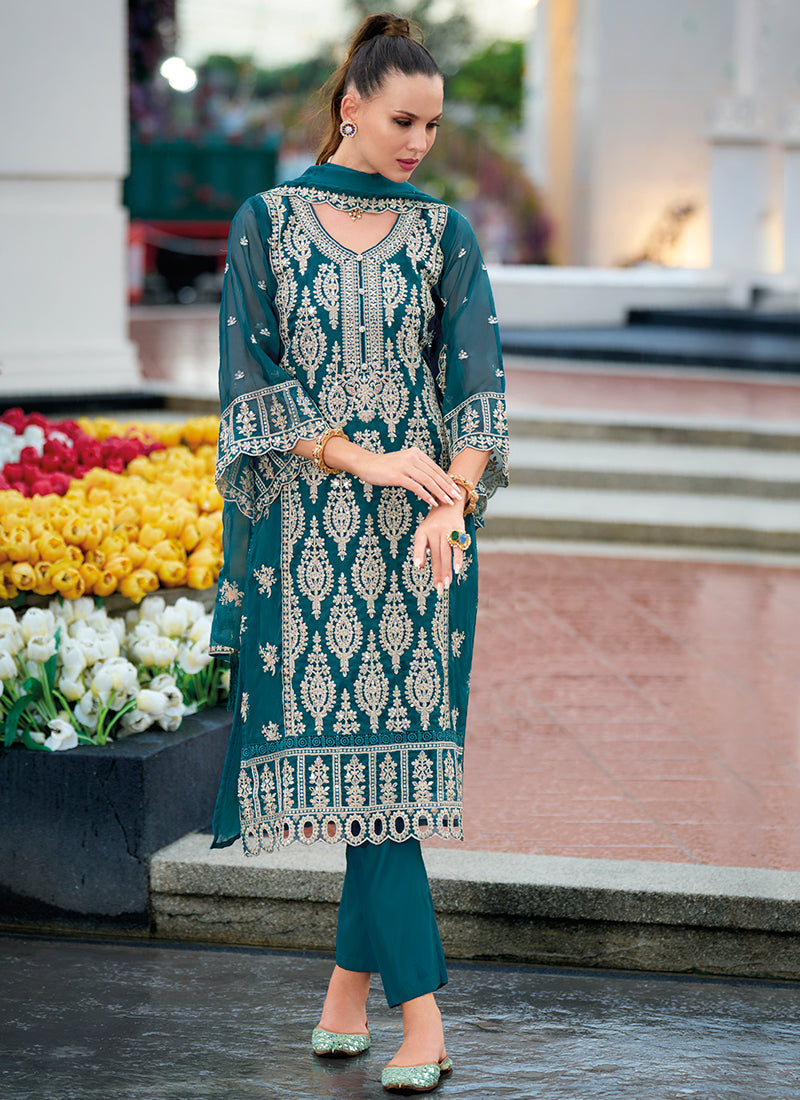 Turquoise Traditional Embroidery Pakistani Pant Suit