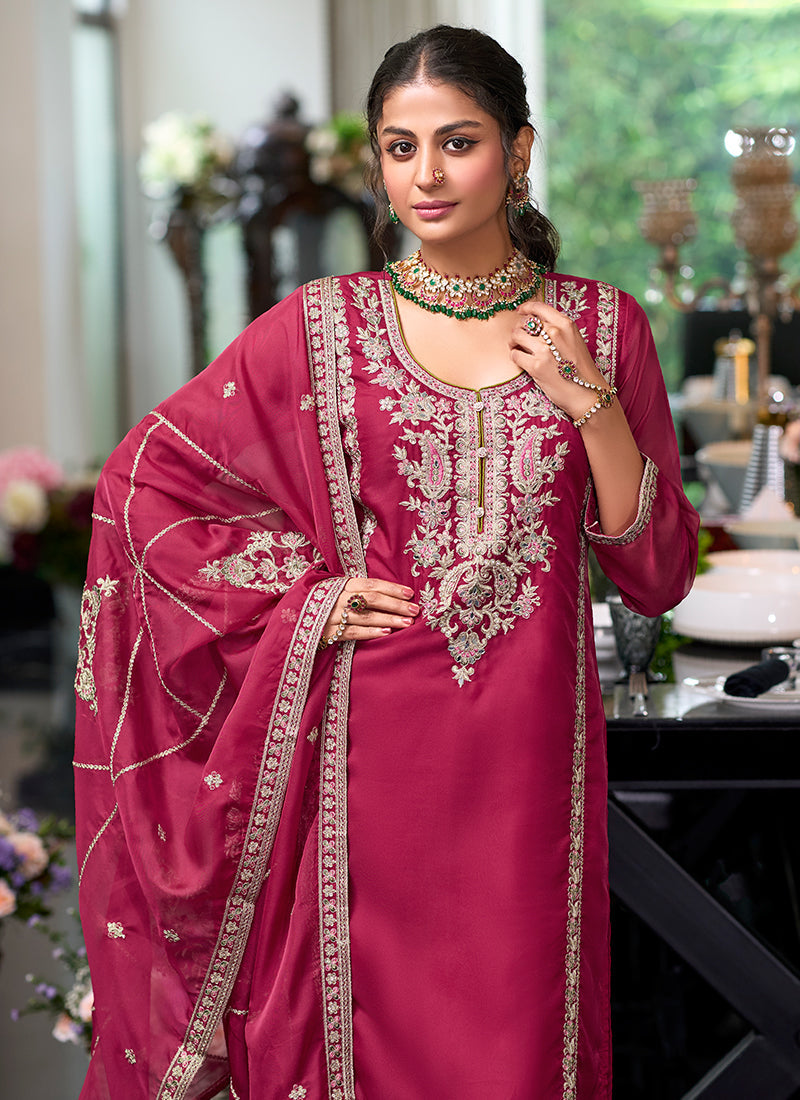 Magenta Traditional Embroidery Pakistani Pant Suit