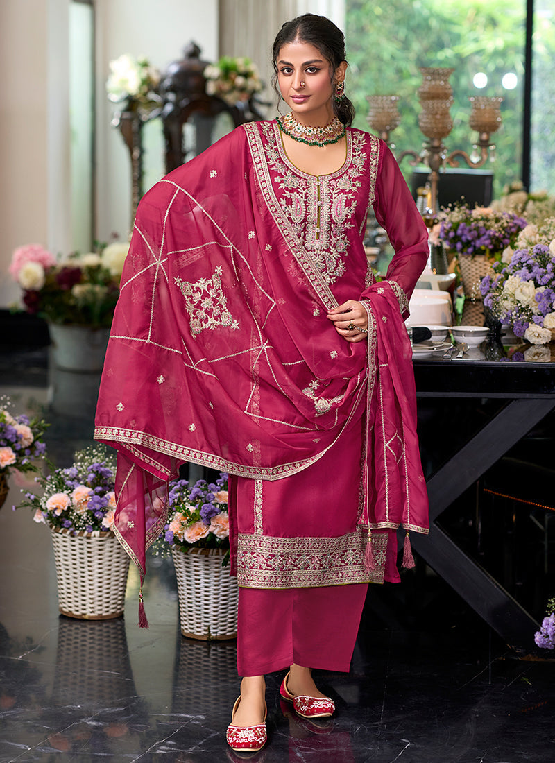 Magenta Traditional Embroidery Pakistani Pant Suit