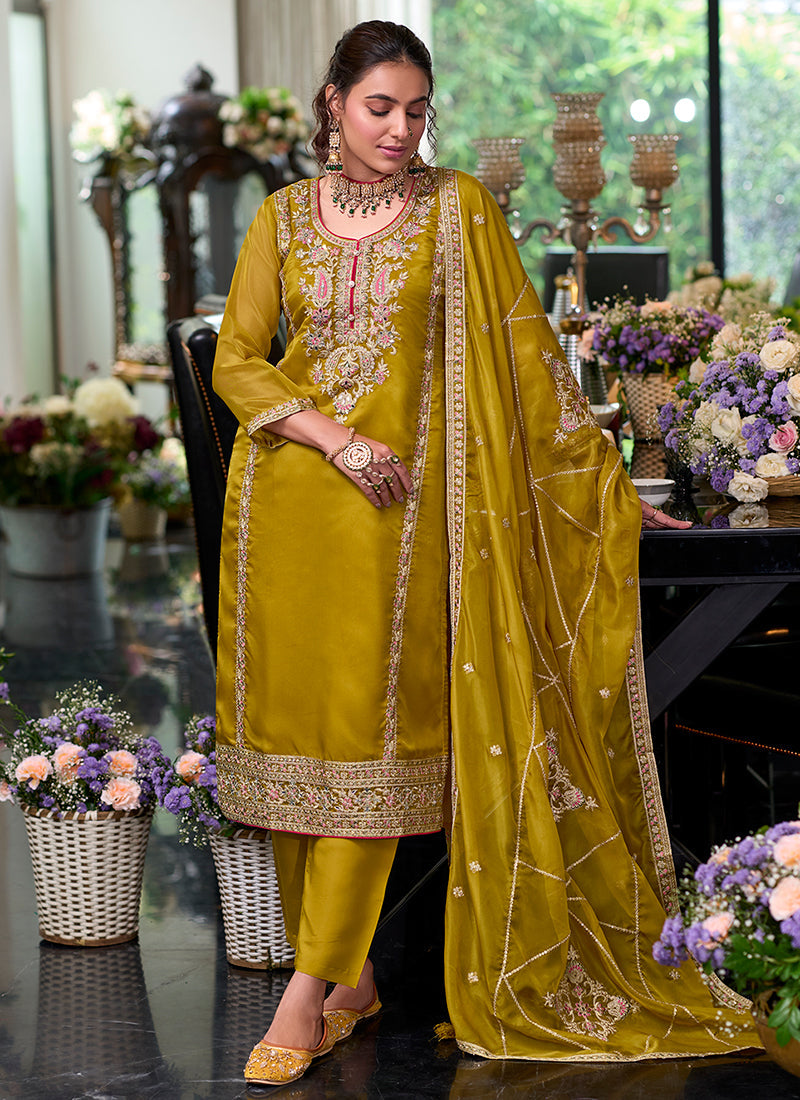 Yellow Traditional Embroidery Pakistani Pant Suit