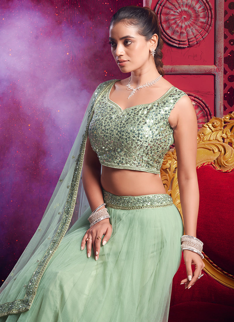 Mint Green Sequins Embroidery Party Wear Lehenga Choli