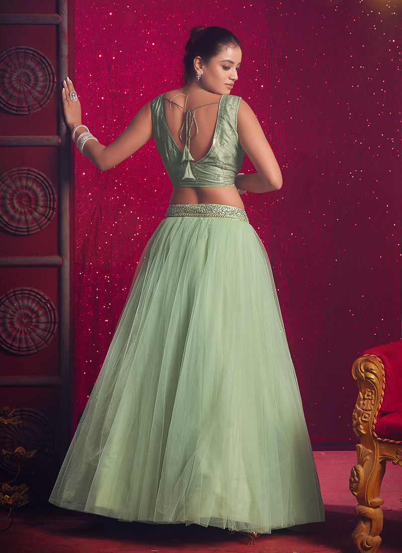 Mint Green Sequins Embroidery Party Wear Lehenga Choli