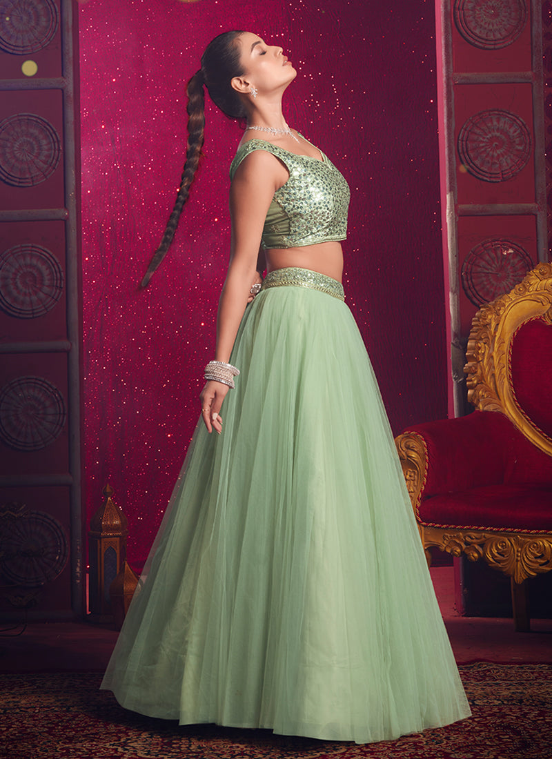 Mint Green Sequins Embroidery Party Wear Lehenga Choli