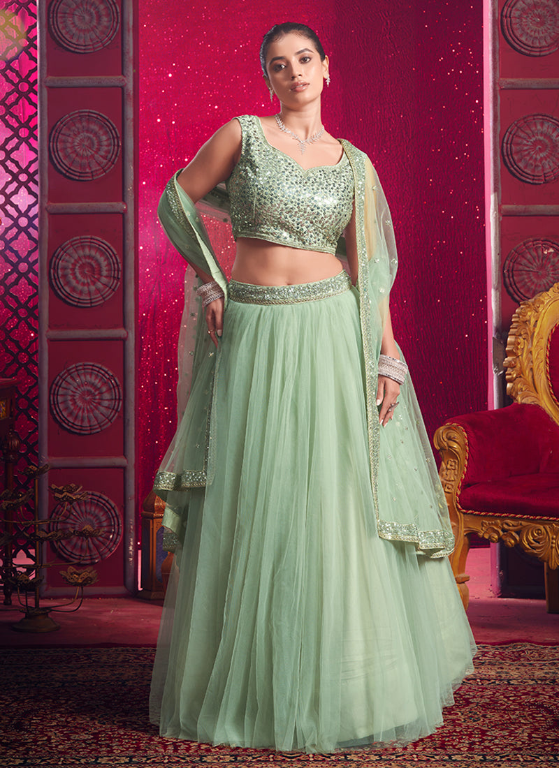 Mint Green Sequins Embroidery Party Wear Lehenga Choli