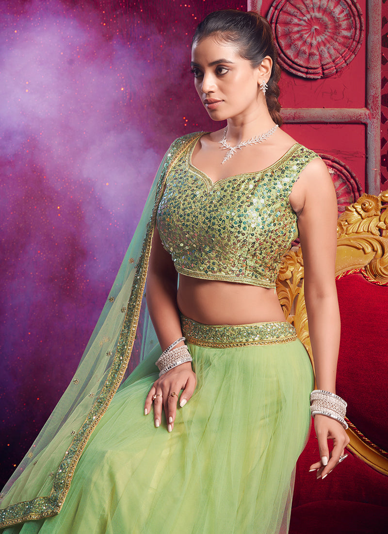 Lilac Green Sequins Embroidery Party Wear Lehenga Choli