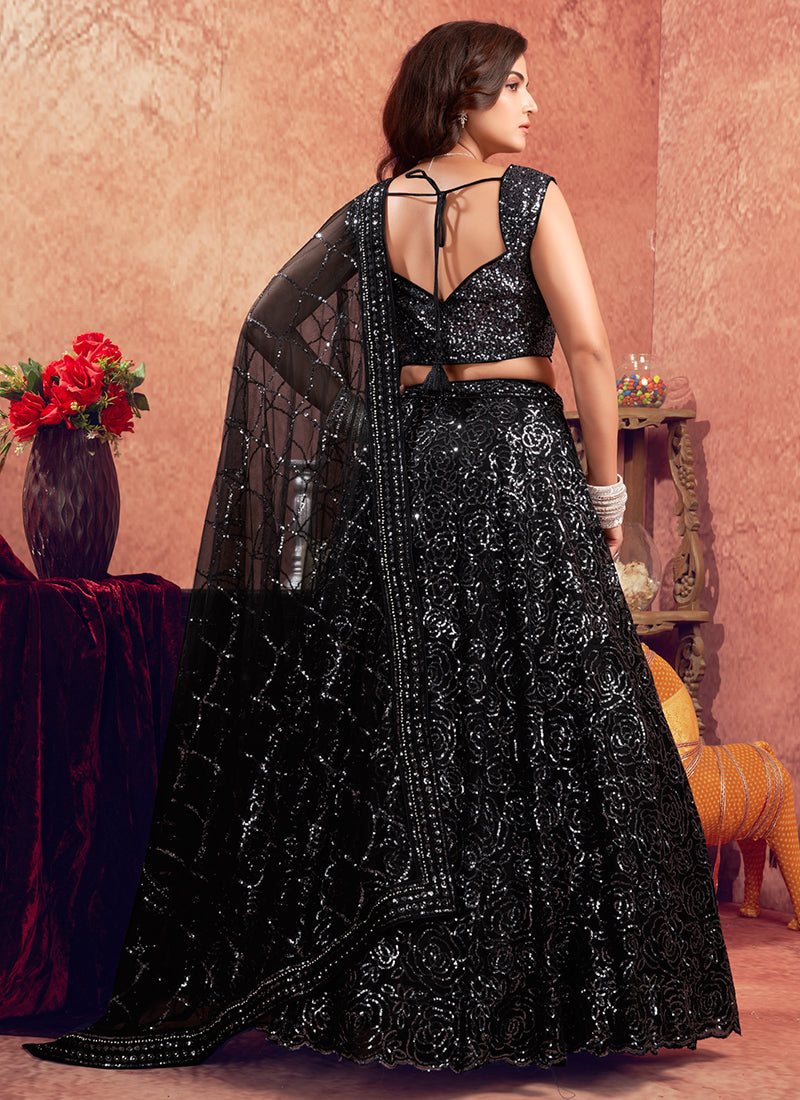 Black Silver Sequence Embroidery Wedding Style Lehenga Choli