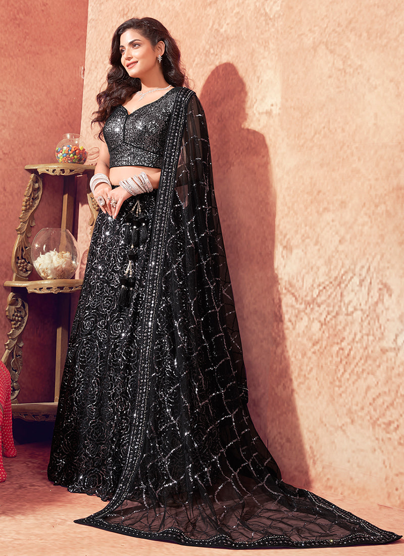 Black Silver Sequence Embroidery Wedding Style Lehenga Choli