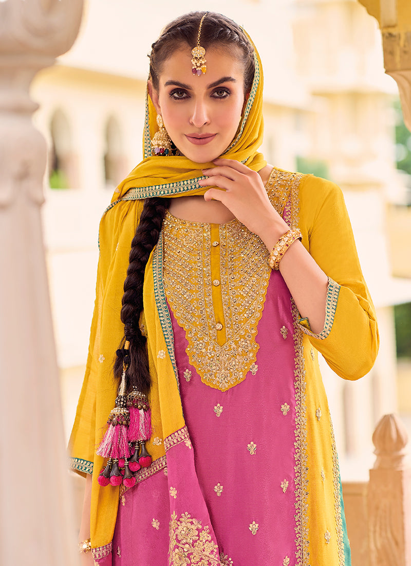 Yellow And Pink Multi Embroidery Punjabi Style Salwar Suit