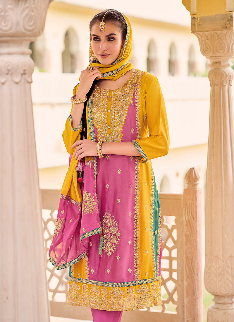 Yellow And Pink Multi Embroidery Punjabi Style Salwar Suit