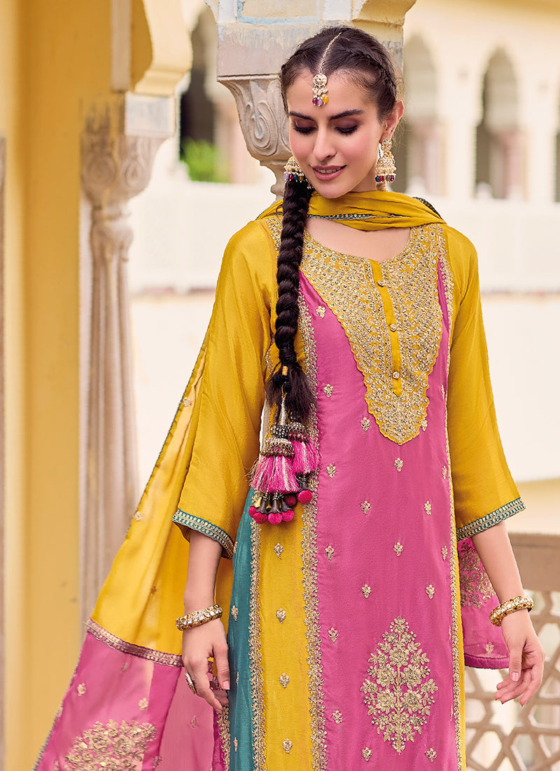 Yellow And Pink Multi Embroidery Punjabi Style Salwar Suit