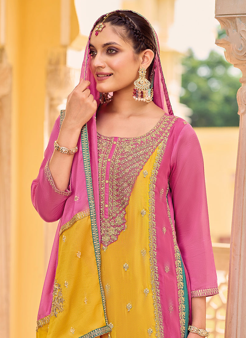 Pink And Yellow Multi Embroidery Punjabi Style Salwar Suit