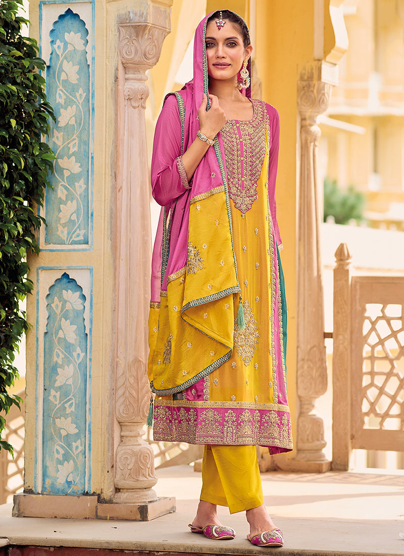 Pink And Yellow Multi Embroidery Punjabi Style Salwar Suit