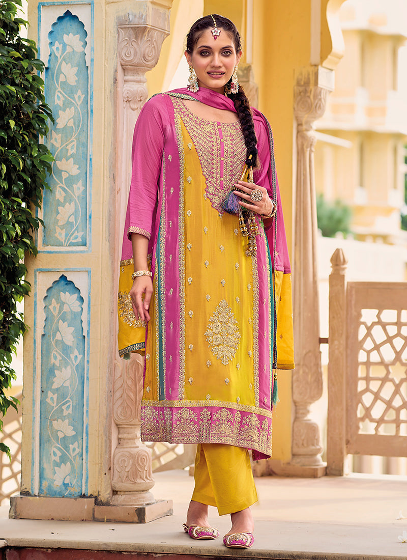 Pink And Yellow Multi Embroidery Punjabi Style Salwar Suit