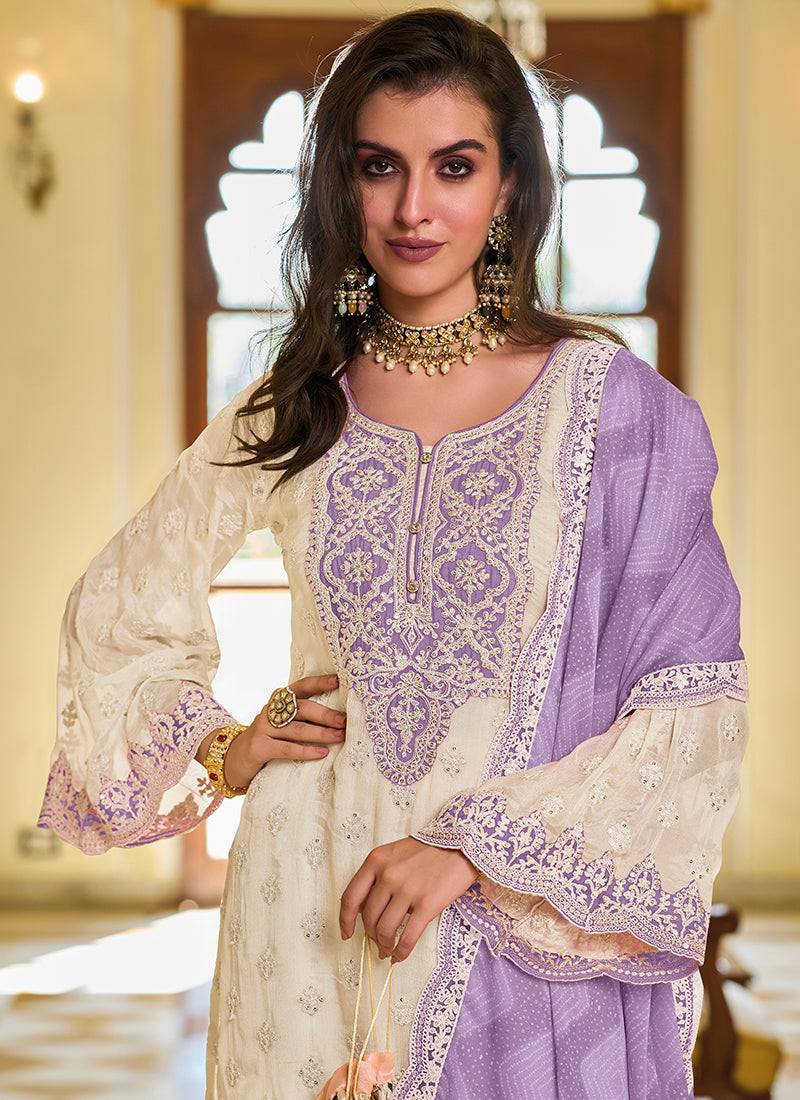 White And Purple Embroidered Traditional Salwar Kameez