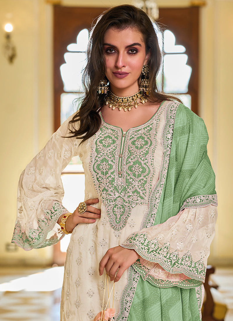 White And Green Embroidered Traditional Salwar Kameez