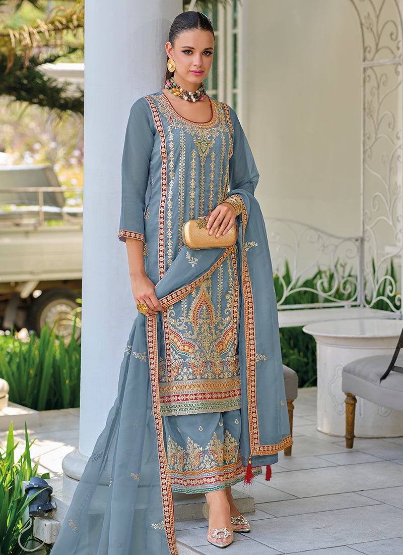 Ice Blue Multi Embroidery Traditional Salwar Kameez Suit