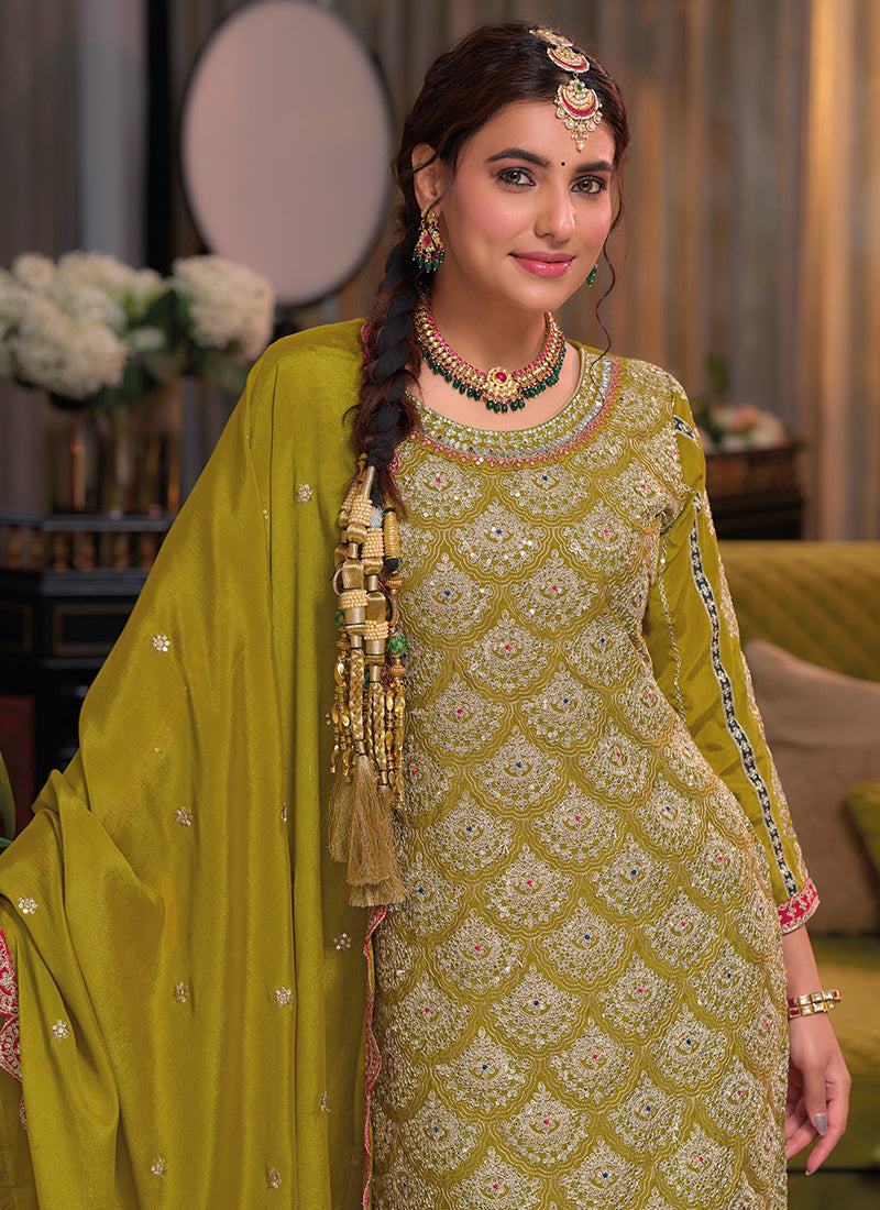 Lime Green Multi Traditional Embroidery Palazzo Suit