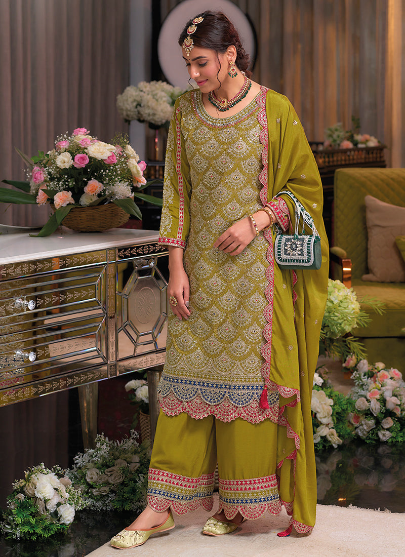 Lime Green Multi Traditional Embroidery Palazzo Suit