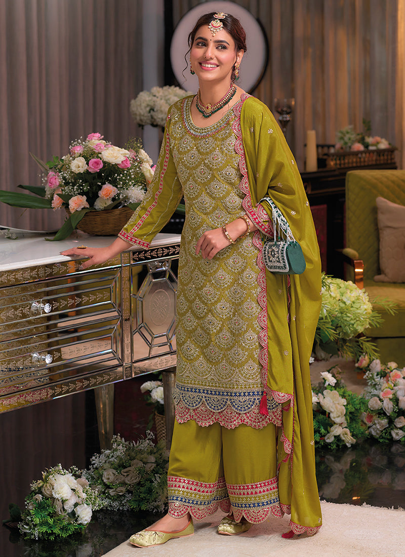 Lime Green Multi Traditional Embroidery Palazzo Suit