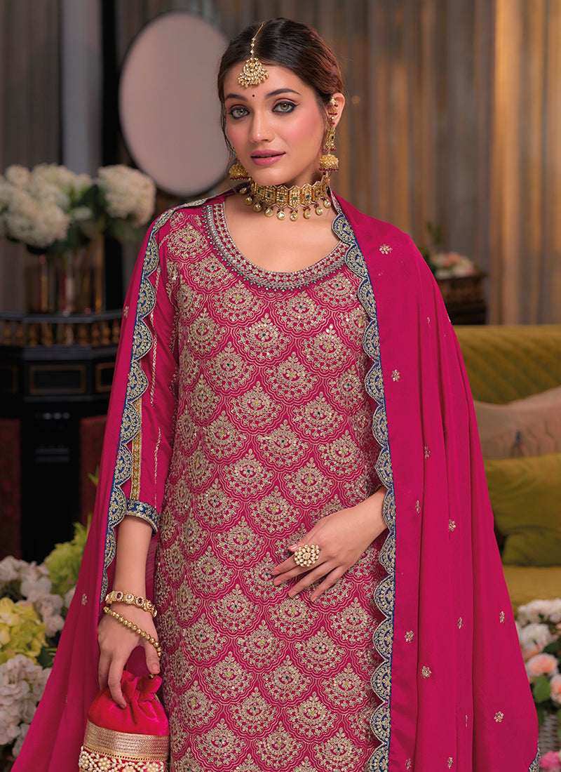 Magenta Pink Multi Traditional Embroidery Palazzo Suit