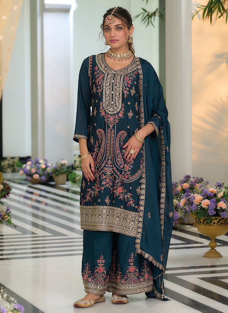 Turquoise Multi Embroidery Traditional Palazzo Suit