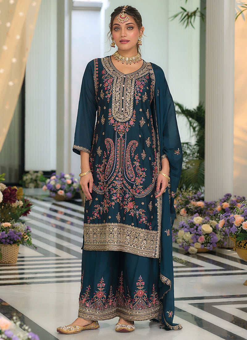 Turquoise Multi Embroidery Traditional Palazzo Suit