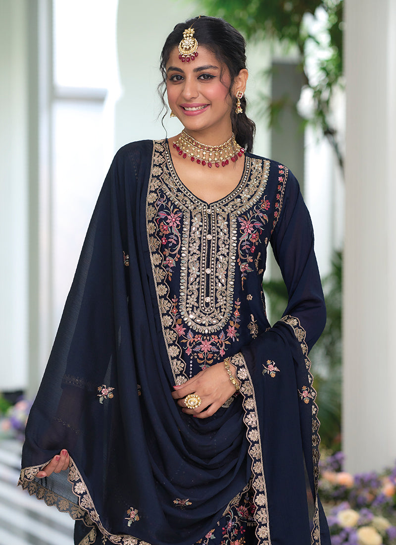 Dark Blue Multi Embroidery Traditional Palazzo Suit