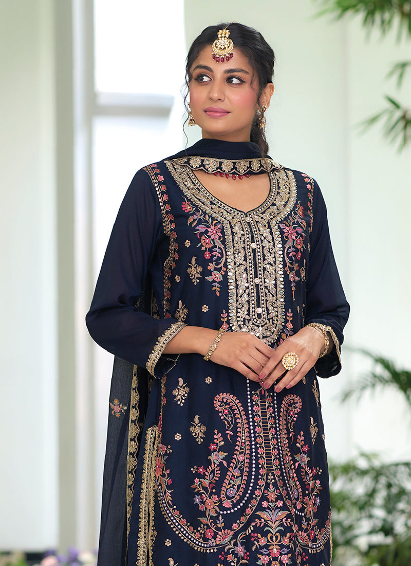 Dark Blue Multi Embroidery Traditional Palazzo Suit