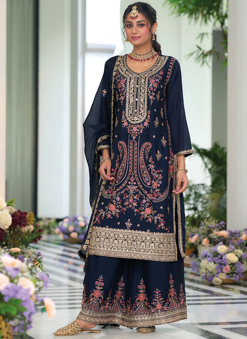 Dark Blue Multi Embroidery Traditional Palazzo Suit