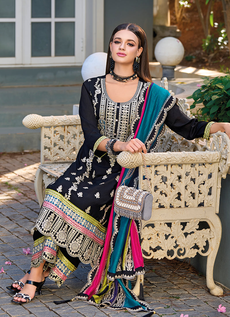 Black Multicolored Traditional Embroidery Pant Style Suit