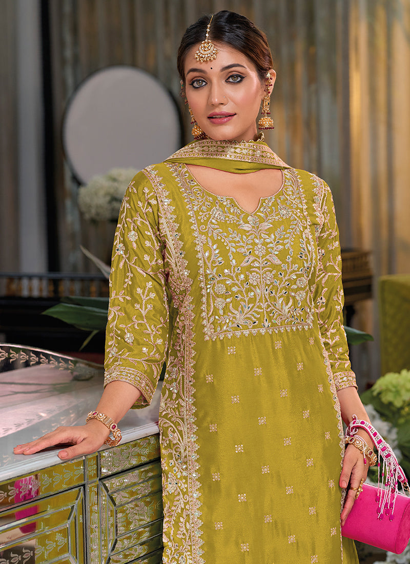 Lime Green Traditional Embroidery Chinnon Palazzo Suit