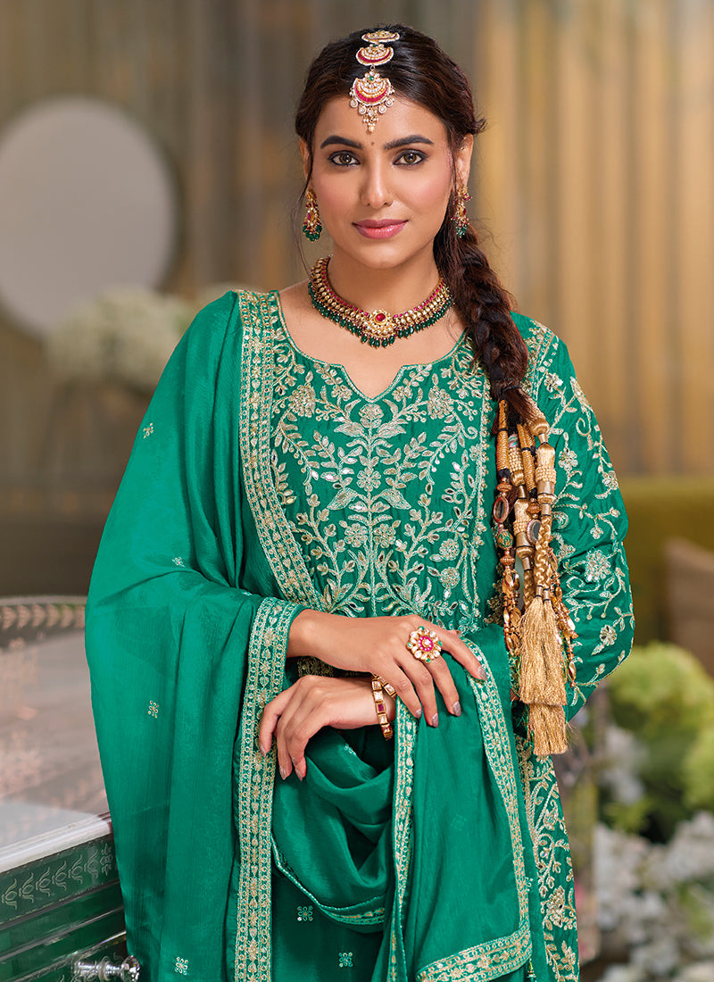 Dark Green Traditional Embroidery Chinnon Palazzo Suit