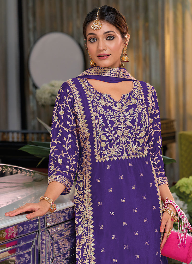 Indigo Purple Traditional Embroidery Chinnon Palazzo Suit