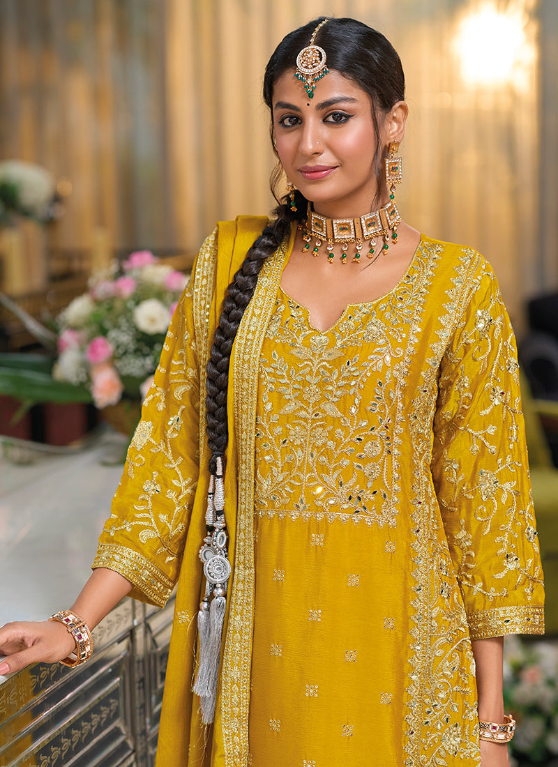 Yellow Traditional Embroidery Chinnon Palazzo Suit