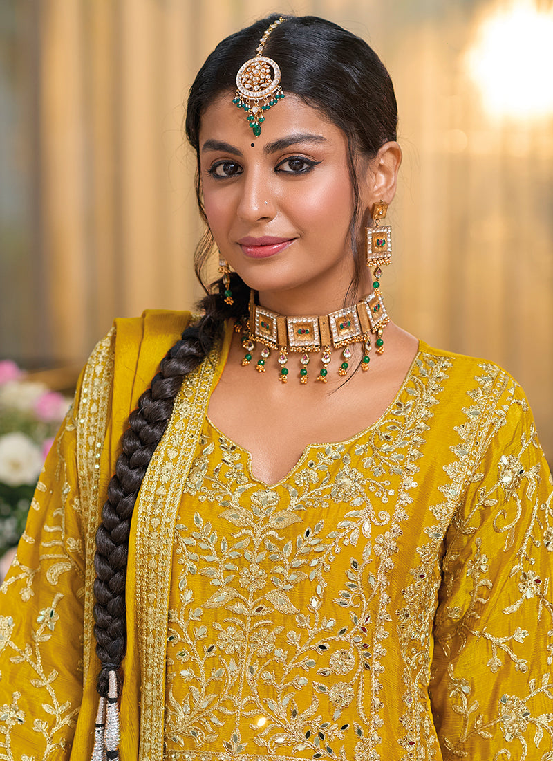 Yellow Traditional Embroidery Chinnon Palazzo Suit