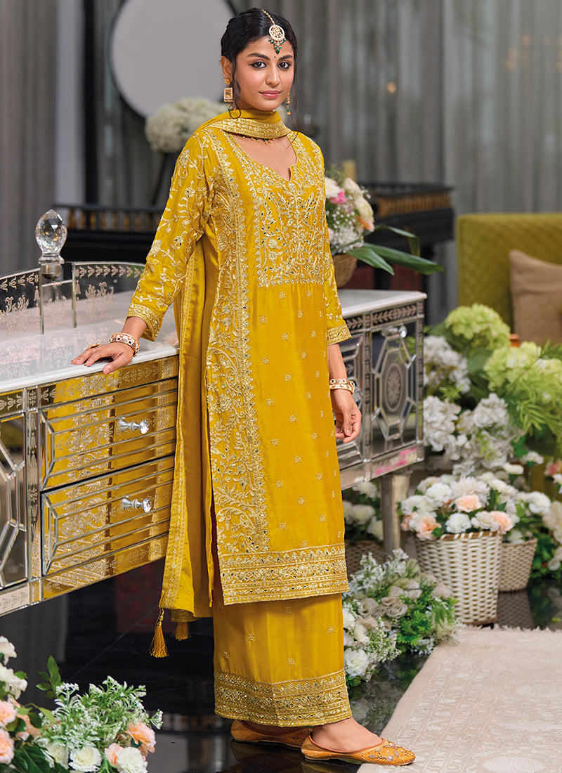 Yellow Traditional Embroidery Chinnon Palazzo Suit