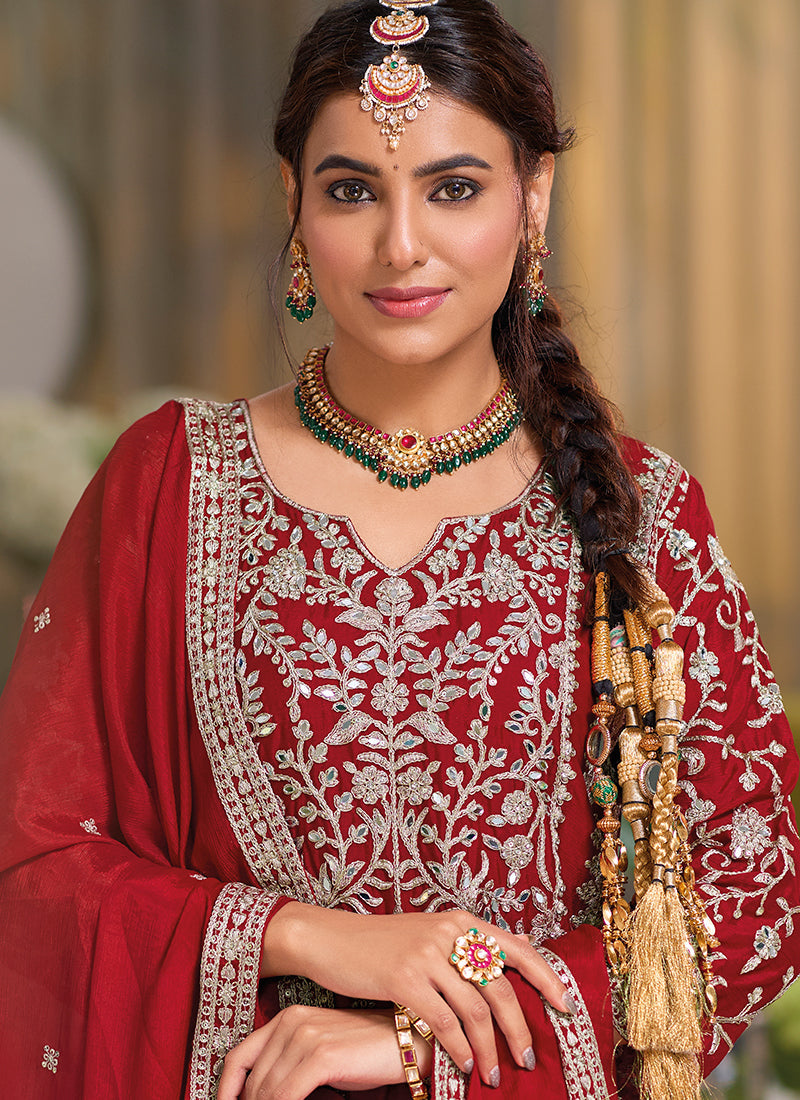 Bridal Red Traditional Embroidery Chinnon Palazzo Suit