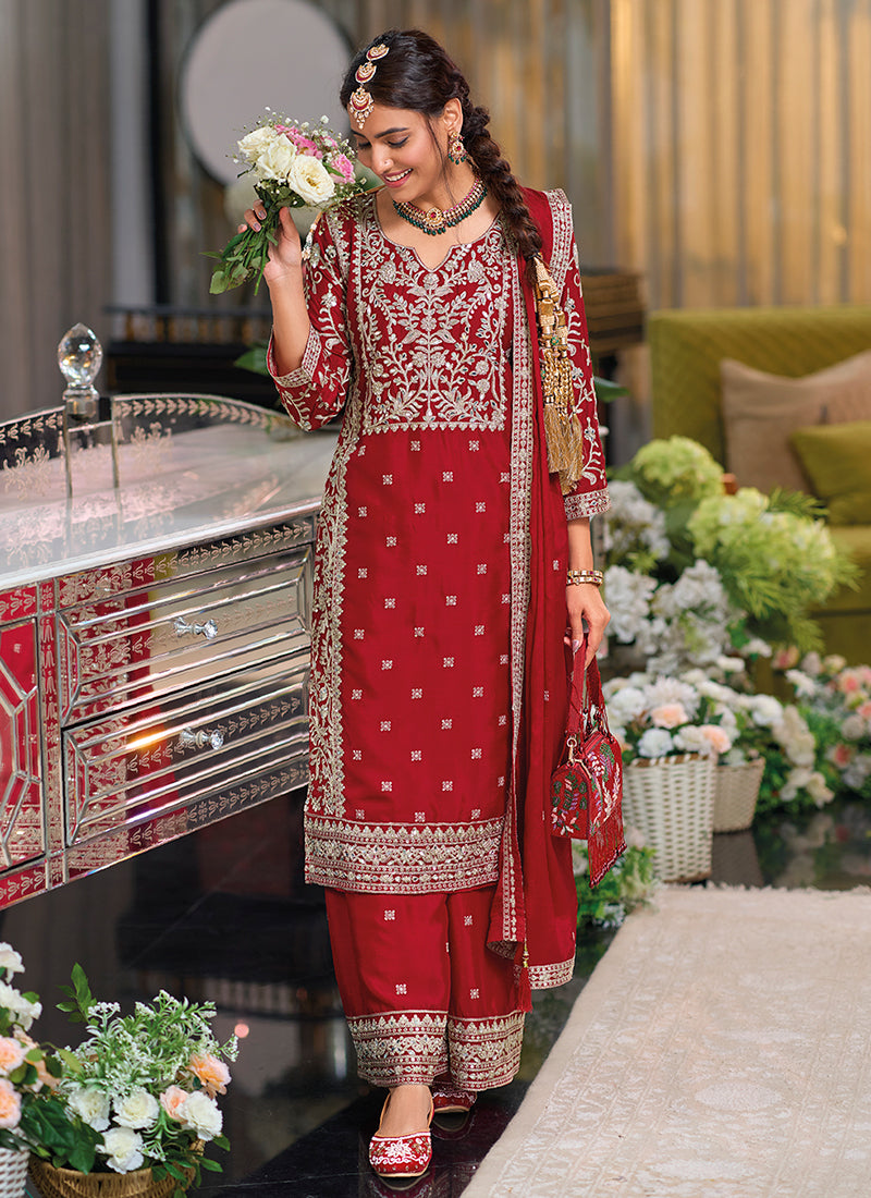 Bridal Red Traditional Embroidery Chinnon Palazzo Suit