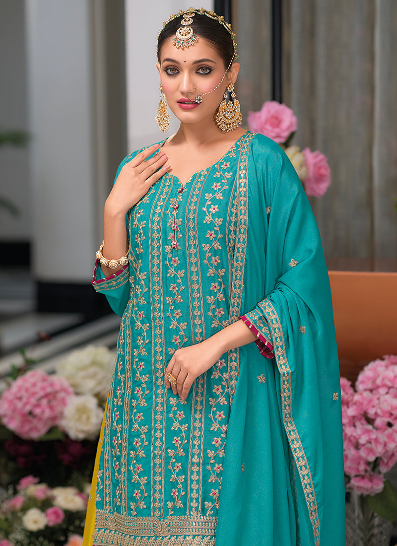 Turquoise And Yellow Embroidery Festive Palazzo Suit