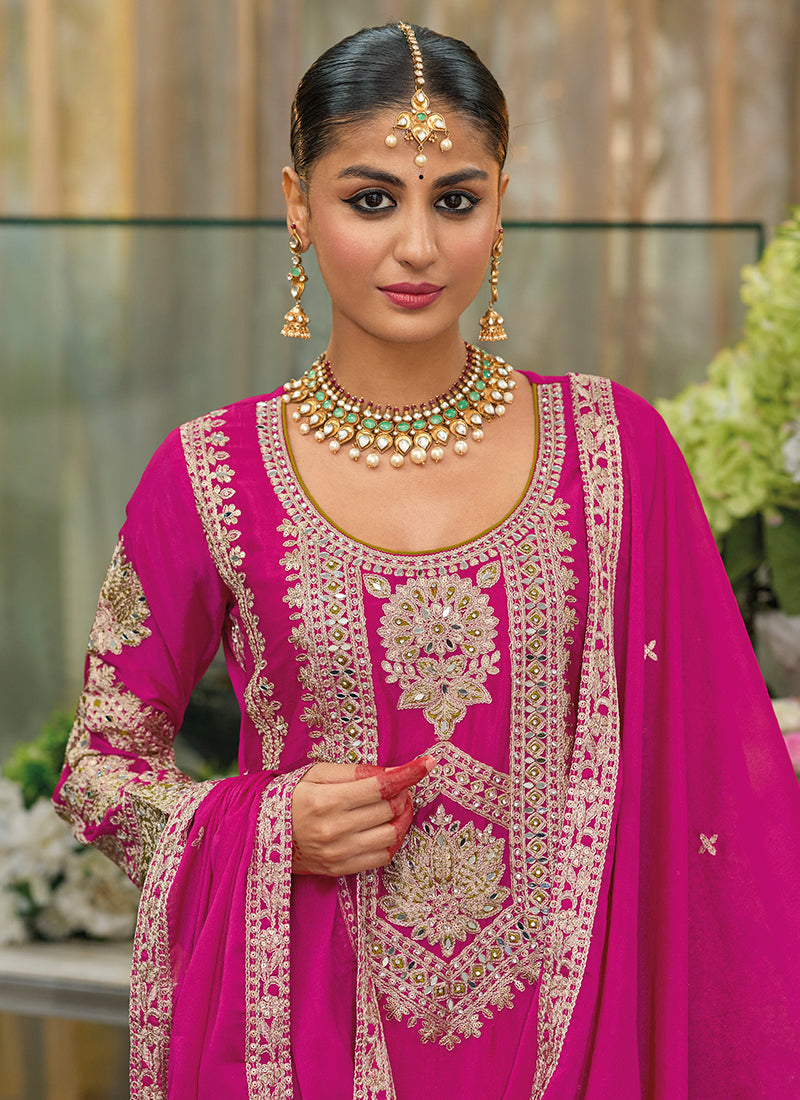 Rani Pink Traditional Embroidery Chinnon Palazzo Suit