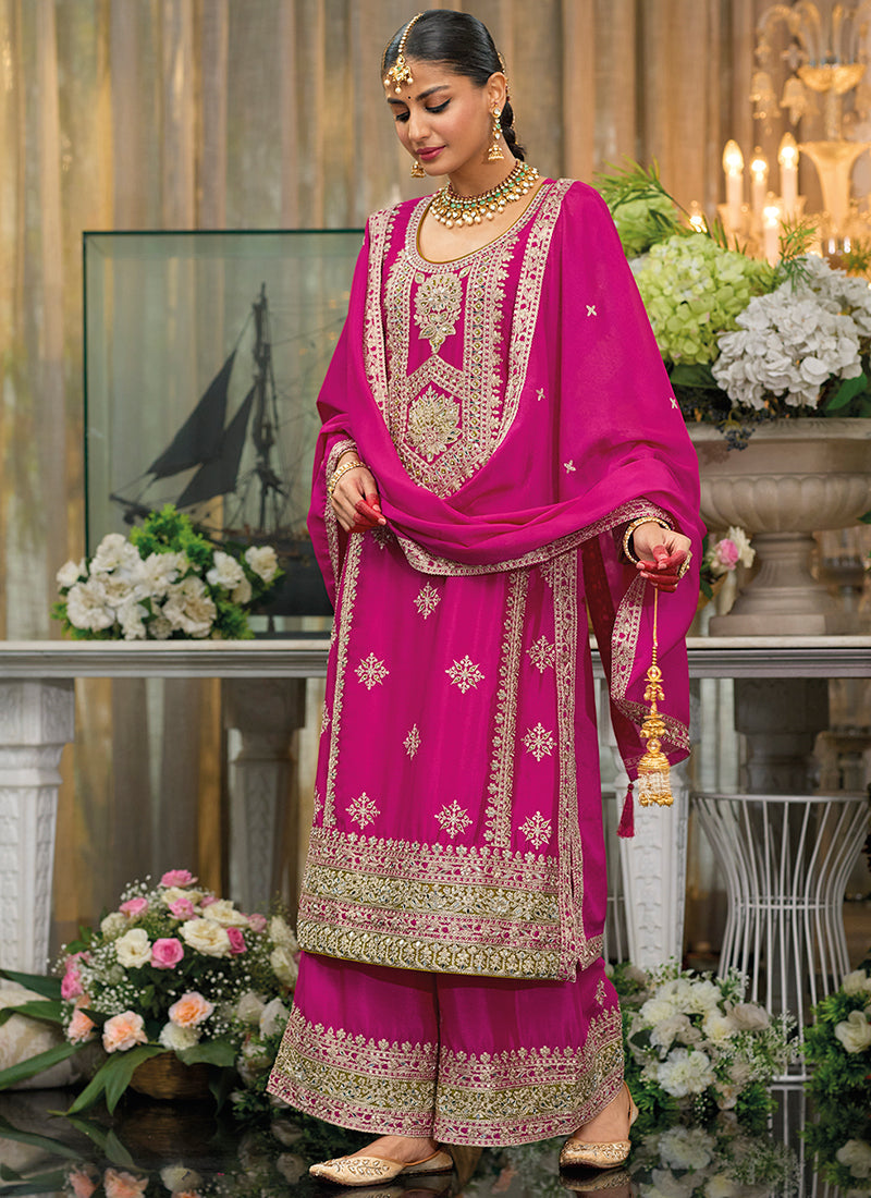 Rani Pink Traditional Embroidery Chinnon Palazzo Suit