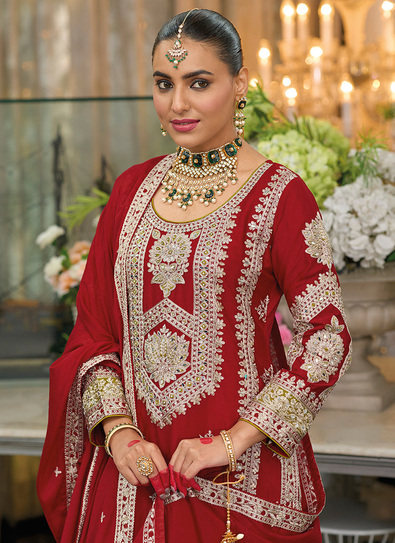 Bridal Red Traditional Embroidery Chinnon Palazzo Suit