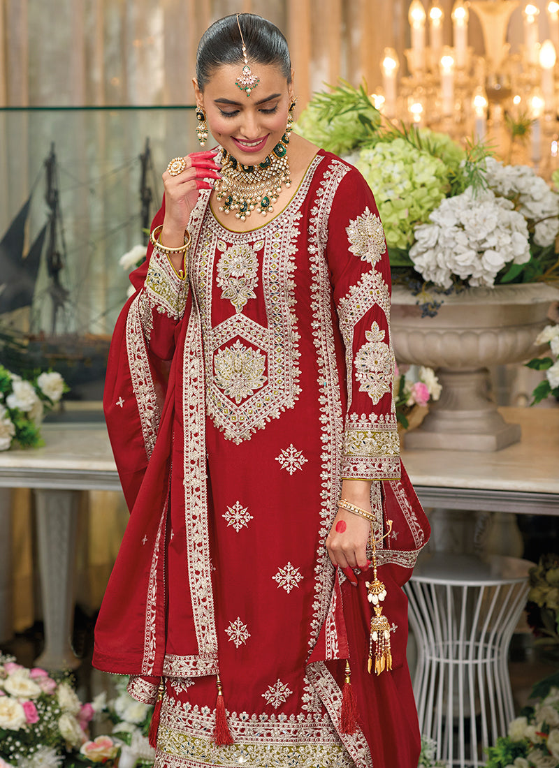 Bridal Red Traditional Embroidery Chinnon Palazzo Suit