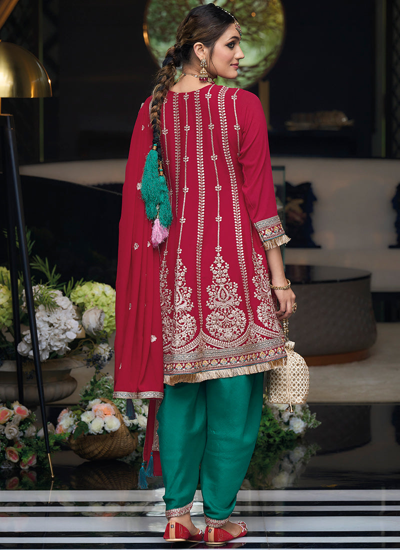 Red Multi Embroidered Designer Dhoti Style Suit